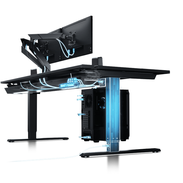 Image highlighting the sit to stand legs that houses the integrated power supply column